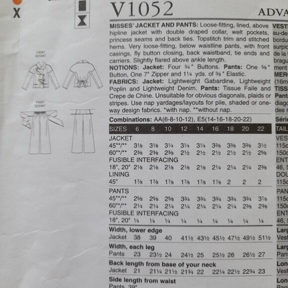 Vogue Designer Sewing Pattern Issey Miyake 1052 Size 6-12 UNCUT Jacket Pants - Picture 8 of 10